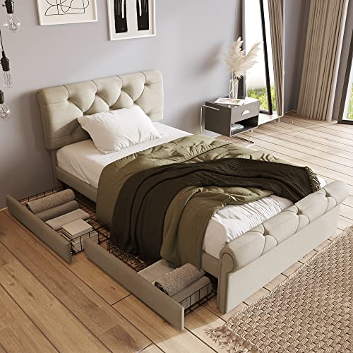 Hommdiy Bettgestell mit 2 Schubladen, Einzelbett Polsterbett 90x200cm, Höhenverstellbarem Kopfteil, Chesterfield Funktionsbett, Natürlich,ohne Matratze Hommdiy Bettgestell mit 2 Schubladen, Einzelbett Polsterbett 90x200cm, Höhenverstellbarem Kopfteil, Chesterfield Funktionsbett, Natürlich,ohne Matratze von Hommdiy