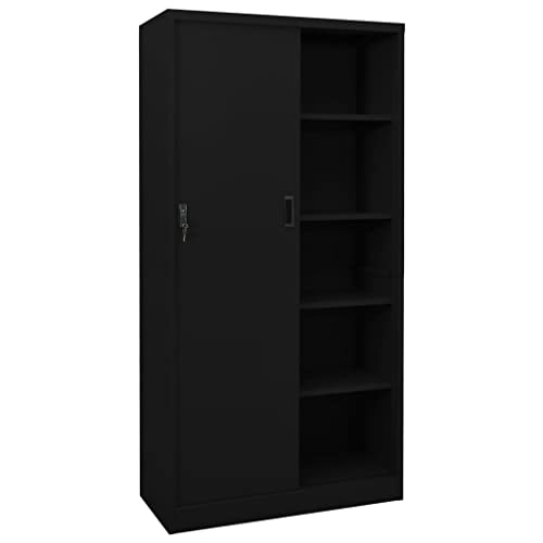 Hommdiy Büroschrank Aktenschrank Büromöbel Schrank Lagerschrank Metallschrank Stahlschrank mit Schiebetür Schwarz 90x40x180 cm Stahl von Hommdiy