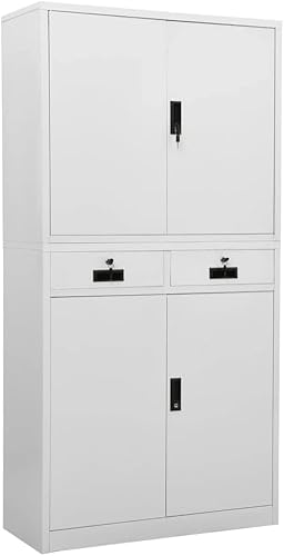 Hommdiy Büroschrank Allzweckschrank Aktenschrank abschließbar, 2 Schrankabteilen, 2 Schubladen, Türen und Schloss, Büroschrank Hellgrau 90x40x180 cm Stahl von Hommdiy