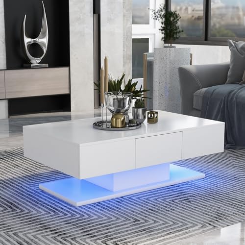 Hommdiy Couchtisch, Beistelltisch mit LED-Leuchten, Sofatisch Tisch für Wohnzimmer, Kaffeetisch Teetisch Telefontisch, Modern, Weiß Wohnzimmer 2 Schubladen 100cm Hommdiy Couchtisch, Beistelltisch mit LED-Leuchten, Sofatisch Tisch für Wohnzimmer, Kaffeetisch Teetisch Telefontisch, Modern, Weiß Wohnzimmer 2 Schubladen 100cm von Hommdiy