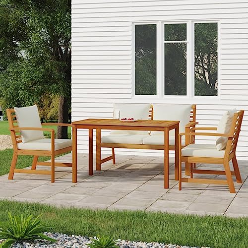 Hommdiy Garten Essgruppe 4-TLG.Gartenmöbel Set mit Kissen, Gartengarnitur Sitzgruppe Modulares Design, Lounge Sofa Bank Tisch, Massivholz Akazie Cremeweiß Type 10 von Hommdiy