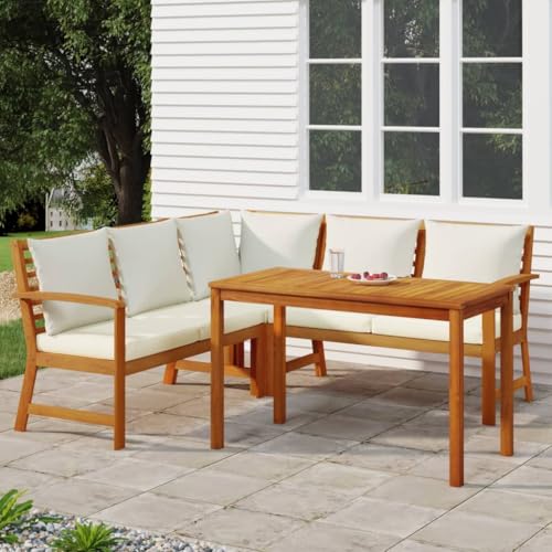 Hommdiy Garten Essgruppe 4-TLG.Gartenmöbel Set mit Kissen, Gartengarnitur Sitzgruppe Modulares Design, Lounge Sofa Bank Tisch, Massivholz Akazie Cremeweiß Type 8 von Hommdiy