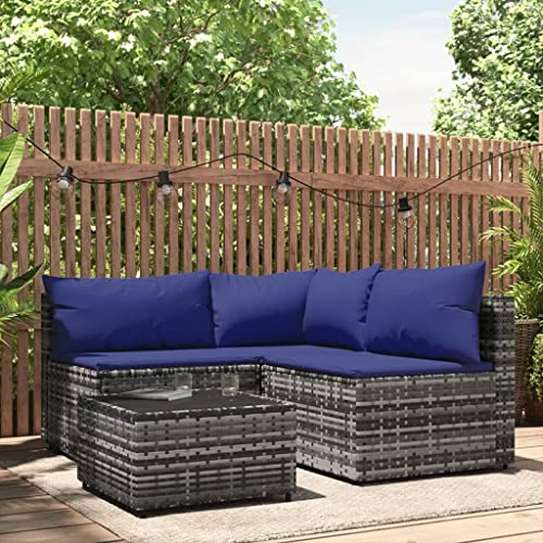 Hommdiy Garten Lounge Set 4-TLG., Gartenmöbel Set mit Kissen, Sitzgruppe für Garten Terrasse, Modular Sofa Garnitur Loungemöbel, Poly Rattan Eckteil+2xMittelteil+Tisch,Grau und blau von Hommdiy