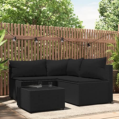 Hommdiy Garten Lounge Set 4-TLG., Gartenmöbel Set mit Kissen, Sitzgruppe für Garten Terrasse, Modular Sofa Garnitur Loungemöbel, Poly Rattan Eckteil+2xMittelteil+Tisch,Schwarz von Hommdiy