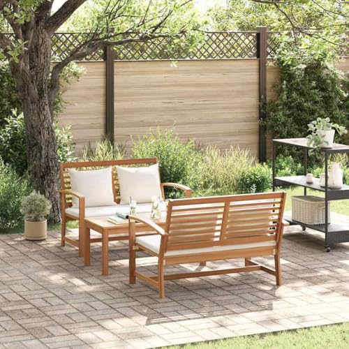 Hommdiy Garten-Sofa-Set 3 pcs Teak-Massivholz(2X Bank + 1x Tisch) Natur und Creme von Hommdiy
