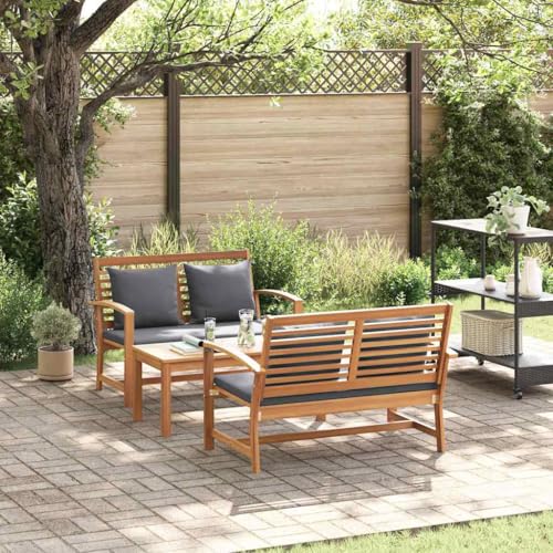 Hommdiy Garten-Sofa-Set 3 pcs Teak-Massivholz(2X Bank + 1x Tisch) Natur und Dunkelgrau von Hommdiy