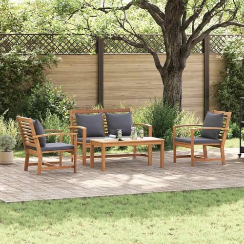 Hommdiy Garten-Sofa-Set 4 pcs Teak-Massivholz(1x Bank + 2X Stuhl + 1x Tisch) Natur und Dunkelgrau von Hommdiy