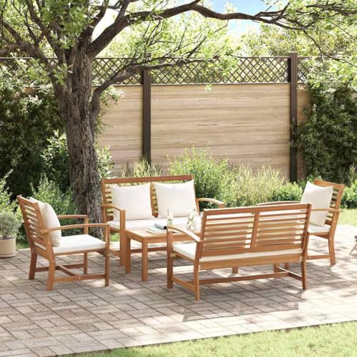 Hommdiy Garten-Sofa-Set 5 pcs Teak-Massivholz(2X Bank + 2X Stuhl + 1x Tisch) Natur und Creme von Hommdiy