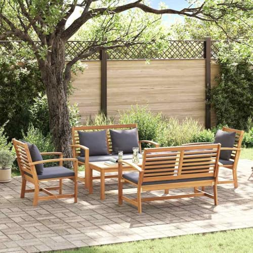 Hommdiy Garten-Sofa-Set 5 pcs Teak-Massivholz(2X Bank + 2X Stuhl + 1x Tisch) Natur und Dunkelgrau von Hommdiy
