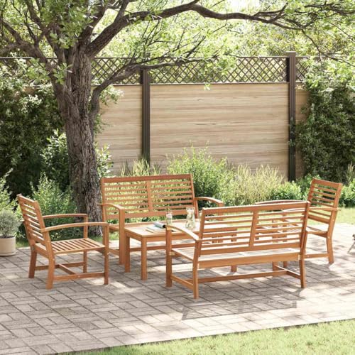 Hommdiy Garten-Sofa-Set 5 pcs Teak-Massivholz(2X Bank + 2X Stuhl + 1x Tisch) Natur von Hommdiy