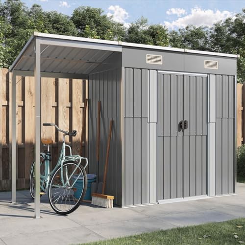 Hommdiy Gartenhaus, Geräteschuppen mit Schleppdach Schrägdach, Gerätehaus für Gartengeräte Werkzeuge, Garten Metall Schuppen Hellgrau von Hommdiy