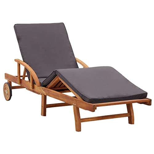 Hommdiy Gartenliege Holz Liege Sonnenliege mit Rädern mit Ausziehtisch und Armlehnen Inklusive Dunkelgrau Sitzpolster 200 x 68 x 30-83 cm (L x B x H) von Hommdiy