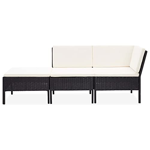 Hommdiy Gartenmöbel 3-TLG. mit Auflagen Lounge Sofa Sitzgruppe Garten Garnitur Gartensofa Gartenset Mittelsofa Fußhocker Ecksofa Poly Rattan Schwarz von Hommdiy