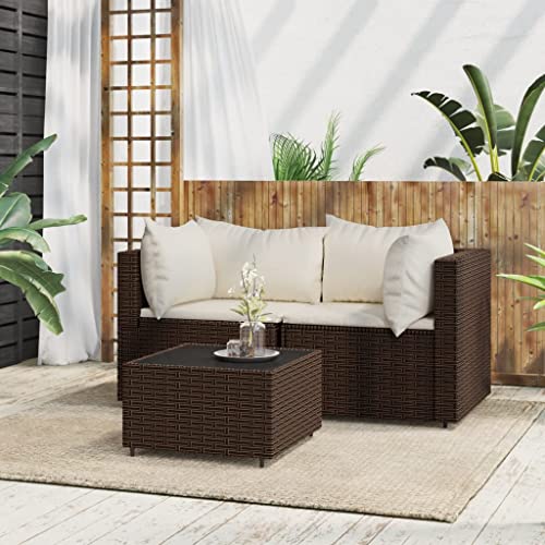 Hommdiy Gartenmöbel Couch-Set Ecksofa 3 TLG. Garten Lounge Set mit Kissen Braun Poly Rattan von Hommdiy