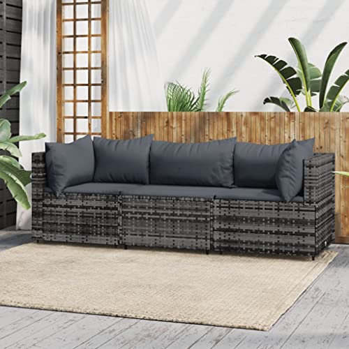 Hommdiy Gartenmöbel Couch-Set Ecksofa 3 TLG. Garten Lounge Set mit Kissen Grau Poly Rattan, Garten-Ecksofas-5 von Hommdiy
