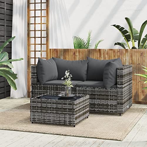 Hommdiy Gartenmöbel Couch-Set Ecksofa 3 TLG. Garten Lounge Set mit Kissen Grau Poly Rattan von Hommdiy