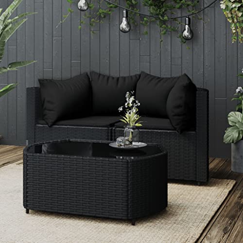 Hommdiy Gartenmöbel Couch Set Ecksofa 3 TLG. Garten Lounge Set mit Kissen Schwarz Poly Rattan von Hommdiy