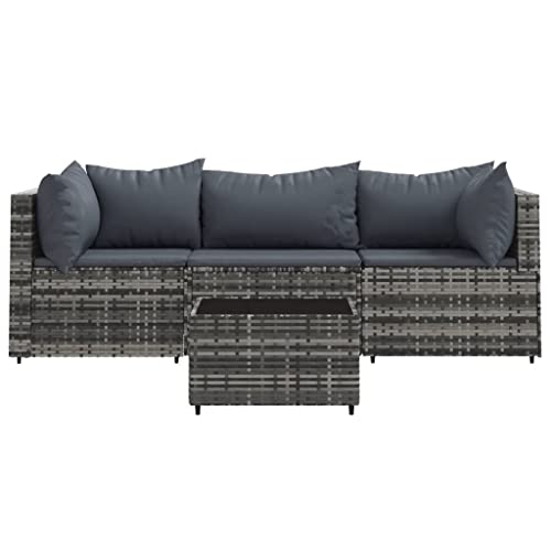 Hommdiy Gartenmöbel Couch-Set Ecksofa 4 TLG. Garten Lounge Set mit Kissen Grau Poly Rattan von Hommdiy