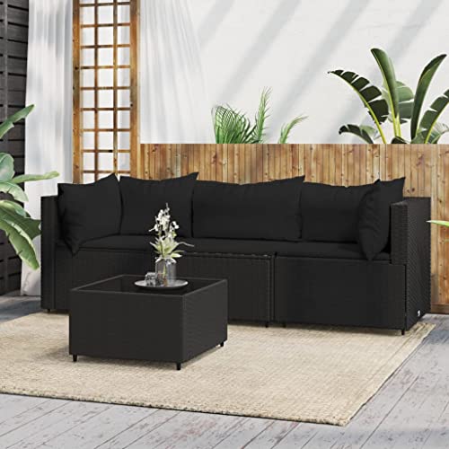 Hommdiy Gartenmöbel Couch-Set Ecksofa 4 TLG. Garten Lounge Set mit Kissen Schwarz Poly Rattan von Hommdiy