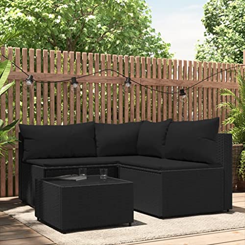 Hommdiy Gartenmöbel Set Balkonmöbel 4-TLG. Garten-Lounge-Set mit Kissen Poly Rattan Schwarz Eckteil + 2X Mittelteil + Tisch von Hommdiy