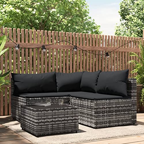 Hommdiy Gartenmöbel Sofa-Set Ecksofa 4 TLG. Garten Lounge Set mit Kissen Grau Poly Rattan von Hommdiy