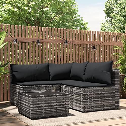 Hommdiy Gartenmöbel Set Balkonmöbel 4-TLG. Garten-Lounge-Set mit Kissen Poly Rattan Grau Eckteil + 2X Mittelteil + Tisch von Hommdiy