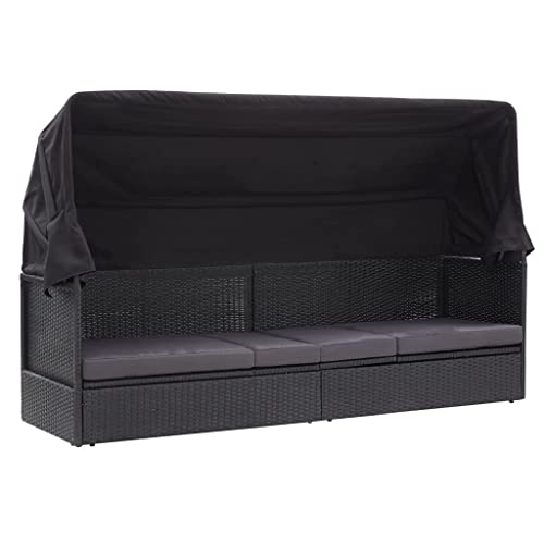 Hommdiy Gartensofa mit Sonnendach Sonnenliege Gartenliege Lounge Gartenbank Gartenbett Sofa Gartenmöbel Liege Relaxliege Sofabett Poly Rattan Schwarz von Hommdiy