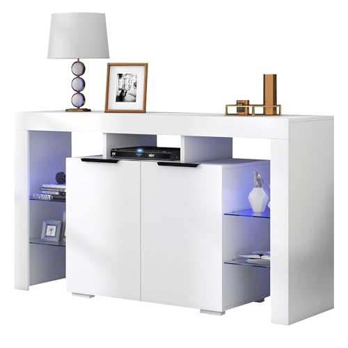 Hommdiy Hochglanz-LED-Sideboard, Küchenschrank, Schrank, Buffet-Aufbewahrung, Servertisch mit LED-Leuchten, Hochglanz-Buffetschrank mit 4 Glasböden und 2 Tür, Vitrine für Wohnzimmer, Eingangsbereich von Hommdiy