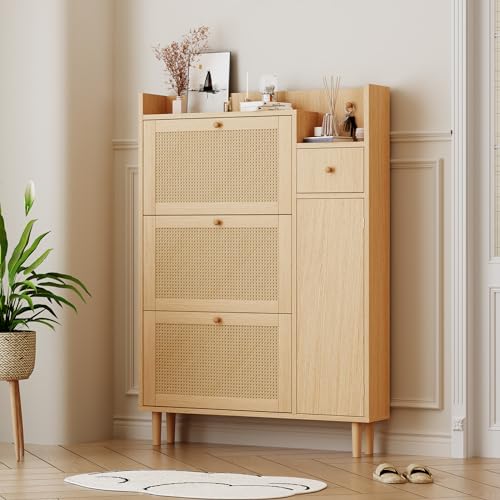 Hommdiy Holzwerkstoff Schuhschrank aus Rattan geeignet für Enge Eingänge 3 Kipp-Türen und 1 Schublade – mit Massivholzbeinen und Griffen B90/H125/T17 cm von Hommdiy
