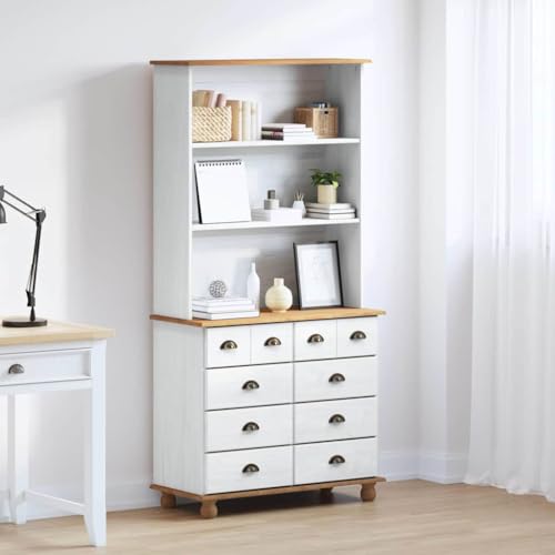 Hommdiy Hutch mit Schubladen Weiß 91 x 40 x 184 cm Massivholz Kiefer 8 Schubladen von Hommdiy