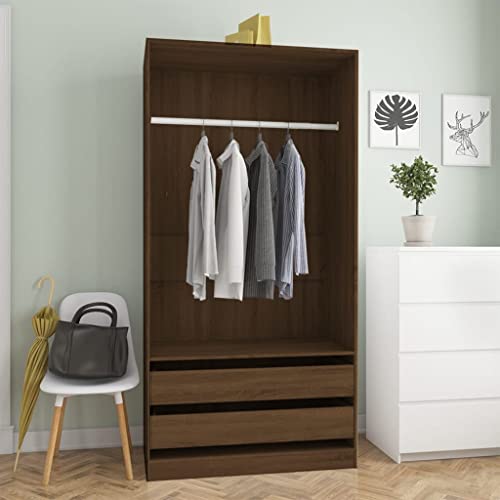 Hommdiy Kleiderschrank 2 Schubladen Kleiderständer Schrank Kleiderstange Garderobenschrank Regal offen Braun Eiche-Optik 100x50x200 cm Holzwerkstoff von Hommdiy