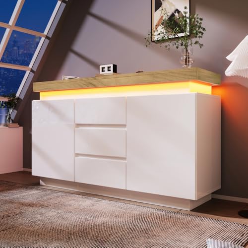 Hommdiy Kommode, Hochglanz Sideboard, LED Beleuchtung, Mehrzweckschrank für Wohnzimmer und Schlafzimmer, Weiß (81x140x39 cm) von Hommdiy