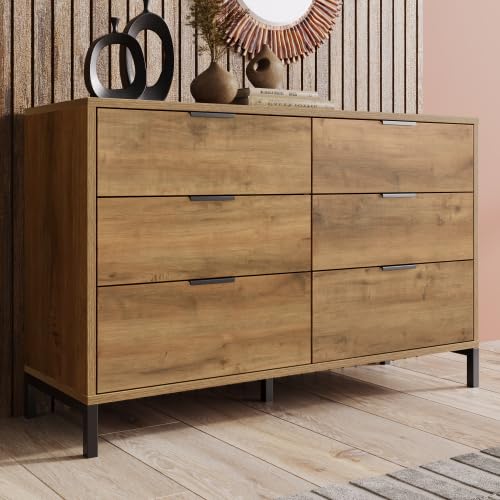 Hommdiy Kommode Sideboard Beistellschrank Schrank mit 6 Schubladen 120 x 40 x 76 cm in Dunkle Eiche Sideboard Highboard für Schlafzimmer & alle Wohnräume von Hommdiy