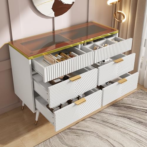 Hommdiy Kommode Sideboard aus Bernstein Glas, Kommode mit 6 Schubladen,Facheinteilung, kippsicher, Hochschrank für Schlafzimmer und alle Wohnräume, 120 x 40 x 76 cm, weiß Hommdiy Kommode Sideboard aus Bernstein Glas, Kommode mit 6 Schubladen,Facheinteilung, kippsicher, Hochschrank für Schlafzimmer und alle Wohnräume, 120 x 40 x 76 cm, weiß von Hommdiy