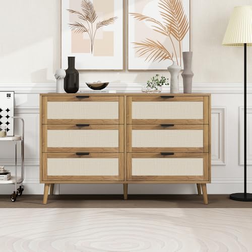 Hommdiy Kommode in Walnussfarbe mit Rattangeflecht und sechs Schubladen, Länge 118,5 cm, Kiefernholz-Füße, geeignet für Schlafzimmer, Wohnzimmer, Arbeitszimmer und andere Räume Hommdiy Kommode in Walnussfarbe mit Rattangeflecht und sechs Schubladen, Länge 118,5 cm, Kiefernholz-Füße, geeignet für Schlafzimmer, Wohnzimmer, Arbeitszimmer und andere Räume von Hommdiy