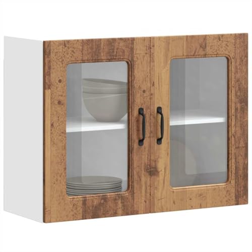Hommdiy Küchen-Hängeschrank mit Glastür Altholz-Optik Schrank Küchenschrank Holzwerkstoff Küchenzeile Küchenmöbel Unterschrank 1x Hängeglasvitrine (2 Türen) 80 x 31 x 60 cm von Hommdiy