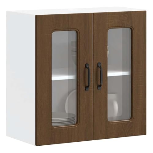 Hommdiy Küchen-Hängeschrank mit Glastür Kalmar Braun Eichen-Optik 1x Hängeglasvitrine (2 Türen) 60 x 31 x 60 cm von Hommdiy