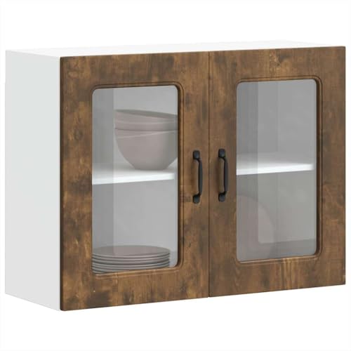 Hommdiy Küchen-Hängeschrank mit Glastür Kalmar Räuchereiche Schrank Küchenschrank Holzwerkstoff Küchenzeile Küchenmöbel Unterschrank 1x Hängeglasvitrine (2 Türen) 80 x 31 x 60 cm von Hommdiy