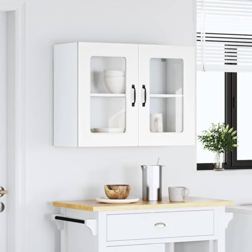 Hommdiy Küchen-Hängeschrank mit Glastür Kalmar Weiß Schrank Küchenschrank Holzwerkstoff Küchenzeile Küchenmöbel Unterschrank 1x Hängeglasvitrine (2 Türen) 80 x 31 x 60 cm von Hommdiy