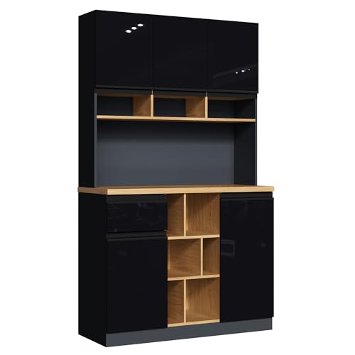 Hommdiy Küchenschrank,Buffet,Sideboard,Hochglanztüren,Metallgriffe,verstellbare Regale,Schubladen,offener Stauraum,Kippschutz,geeignet für Küche,105×45×185 cm,weißer moderner (Schwarz) von Hommdiy