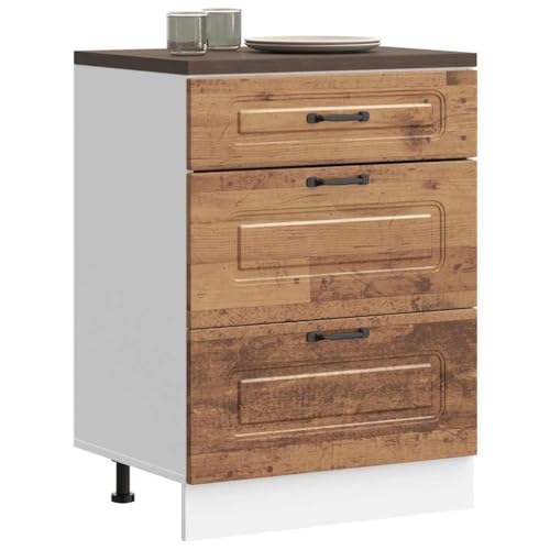 Hommdiy Küchenunterschrank Kalmar Altholz-Optik Schrank Küchenschrank Holzwerkstoff Küchenzeile Küchenmöbel Unterschrank 1x Unterschrank (3 Schubladen) 60 x 46 x 81.5 cm von Hommdiy