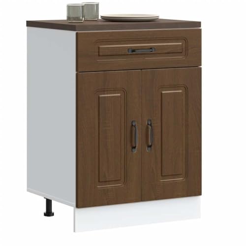 Hommdiy Küchenunterschrank Kalmar Braun Eichen-Optik Schrank Küchenschrank Holzwerkstoff Küchenzeile Küchenmöbel Unterschrank 1x Unterschrank (2 Türen 1 Schublade) 60 x 46 x 81.5 cm von Hommdiy