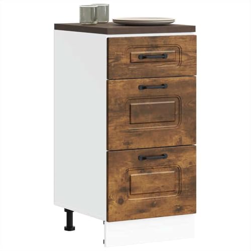 Hommdiy Küchenunterschrank Kalmar Räuchereiche Schrank Küchenschrank Holzwerkstoff Küchenzeile Küchenmöbel Unterschrank 1x Unterschrank (3 Schubladen) 40 x 46 x 81.5 cm von Hommdiy