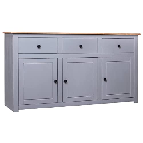 Hommdiy Massivholz-Sideboard aus Panama-Kiefer mit 3 Schubladen und 4 Türen Kommode Sideboard Grau 135 x 40 x 80 von Hommdiy