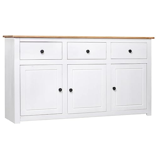 Hommdiy Massivholz-Sideboard aus Panama-Kiefer mit 3 Schubladen und 5 Türen Kommode Sideboard Weiß 135 x 40 x 80 von Hommdiy