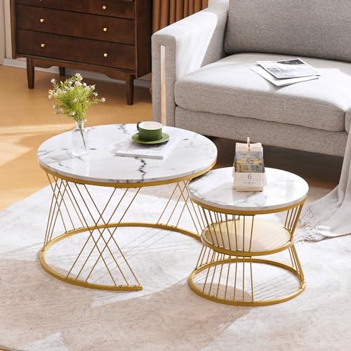 Hommdiy Moderne Nesting Couchtisch, Hochglanz Couchtisch Satz,Marmor Furnier Sofa Seite Nest von Tischen Runde Endtische, Satz von 2, Goldene Farbe Frame (Weiß) von Hommdiy