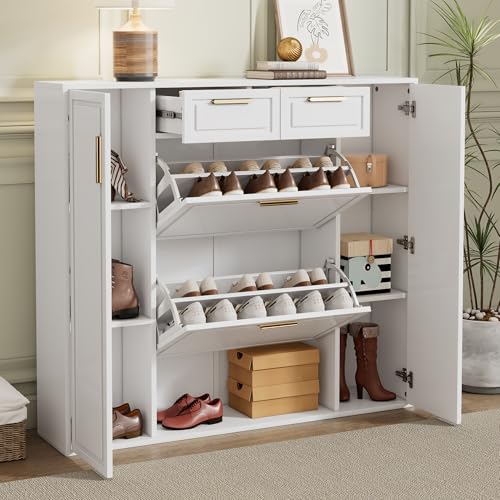Hommdiy Moderne Schuhschrank mit Verstellbaren Regalen und 2 Schubladen, Klappschuhschrank und 2 Türen, Goldenen Griffen, Schuhregal Schuhkommode Anti-Kipp für Eingangsbereich, 120x24x107 cm von Hommdiy