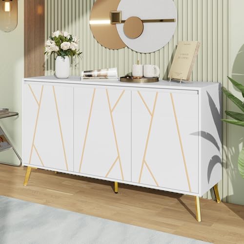 Hommdiy Moderner Stil, einzigartige Linie, Sideboard, 3-türig, grifflos, für Esszimmer, Wohnzimmer, Küche, Buffetschrank (Weiß) von Hommdiy