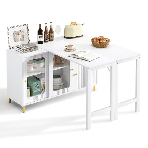 Hommdiy Moderner weißer Buffet-Sideboard mit klappbarer und ausziehbarer Tischplatte, drehbarer Oberfläche, goldenen Metallbeinen, Glasschiebetüren und Wellenmuster – Perfekt für Esszimmer und Küche von Hommdiy