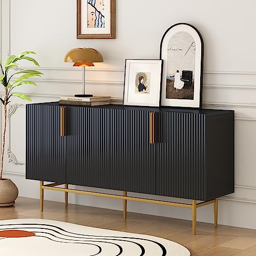 Hommdiy Modernes, Elegantes Sideboard mit 4 Türen, goldfarbener Metallgriff, Buffetschrank für Esszimmer, Wohnzimmer, Schlafzimmer, Flur (schwarz) von Hommdiy